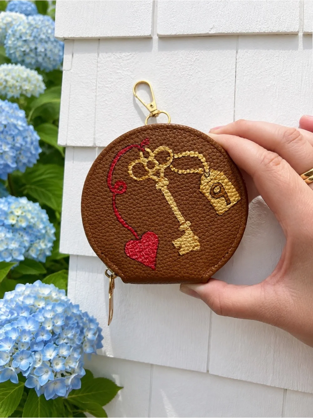 Brown Round Keychain Coin Pouch with Red Heart and Gold Key Motif
